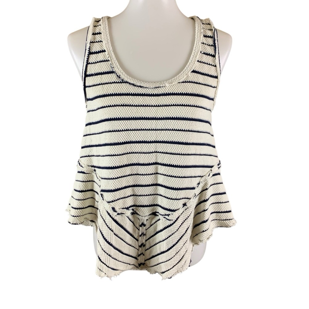 Lucky Brand Striped Knit Peplum Tank Cream Navy Boho Casual Summer Top M